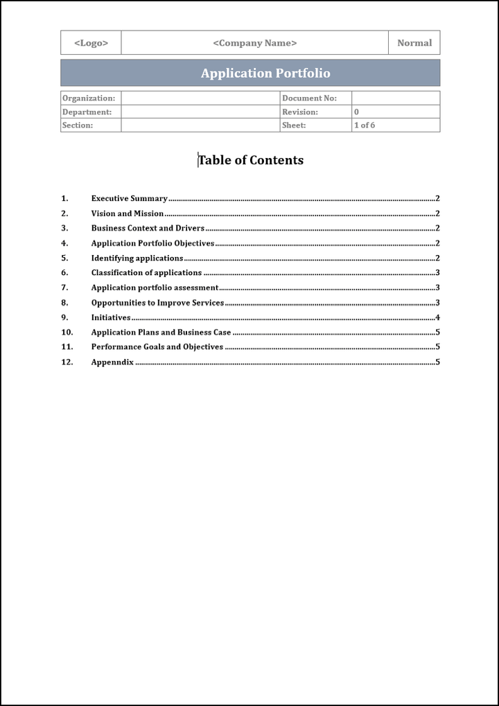 Application portfolio template, Application portfolio