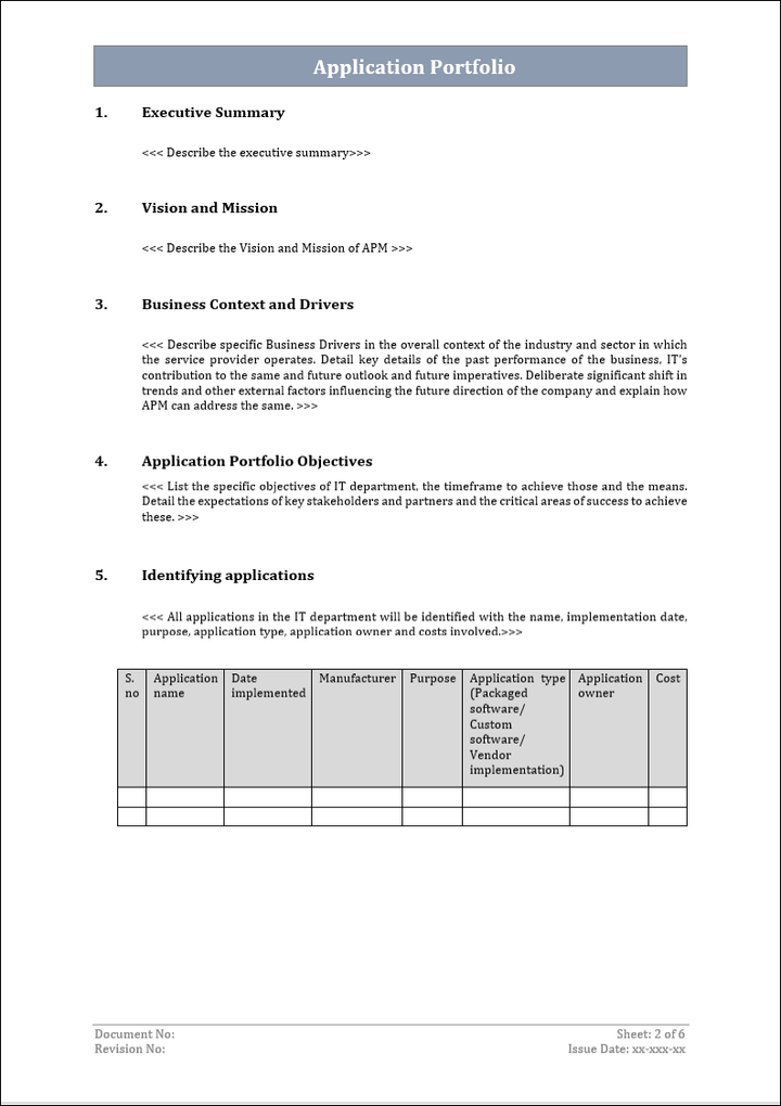 Application portfolio template, Application portfolio