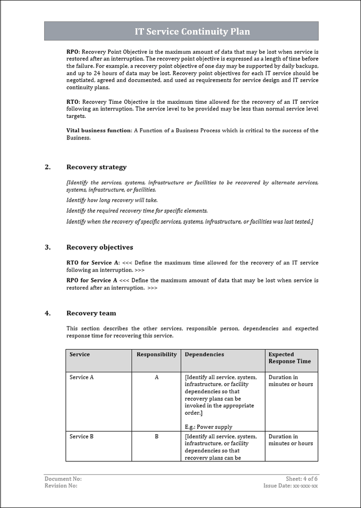 IT service continuity plan, service management