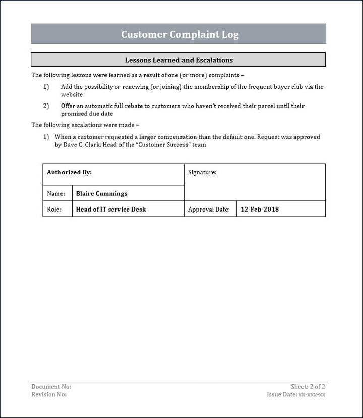 customer complaint log, ITSM customer complaint log