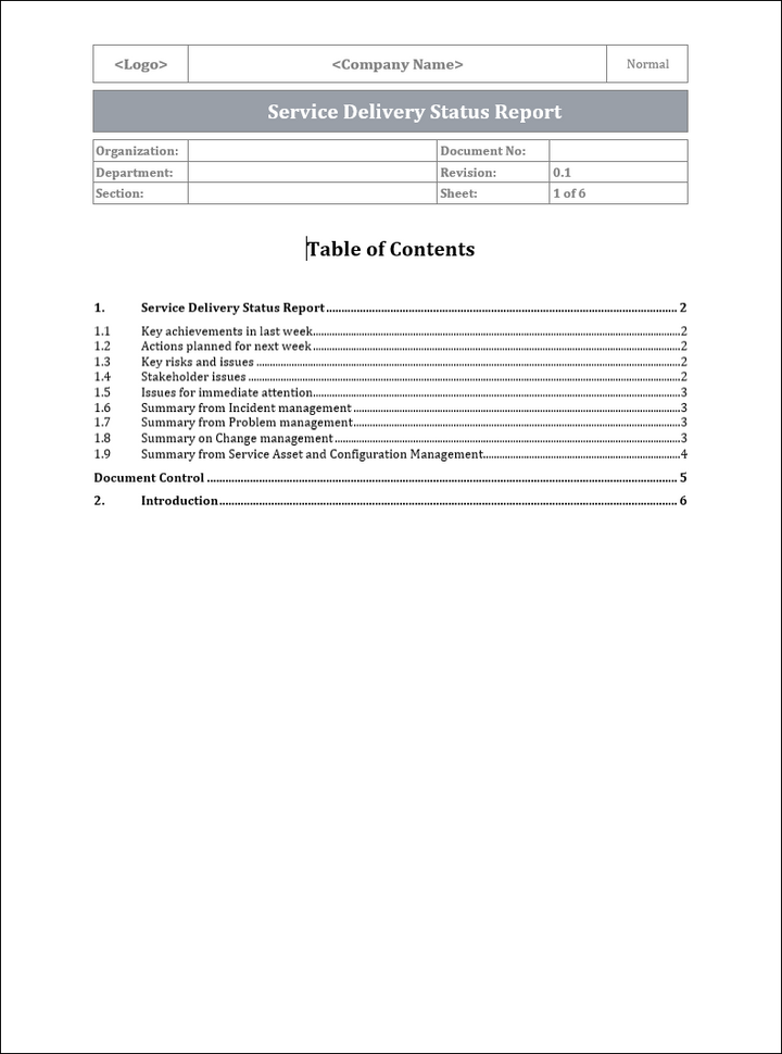 Service delivery status report, service management