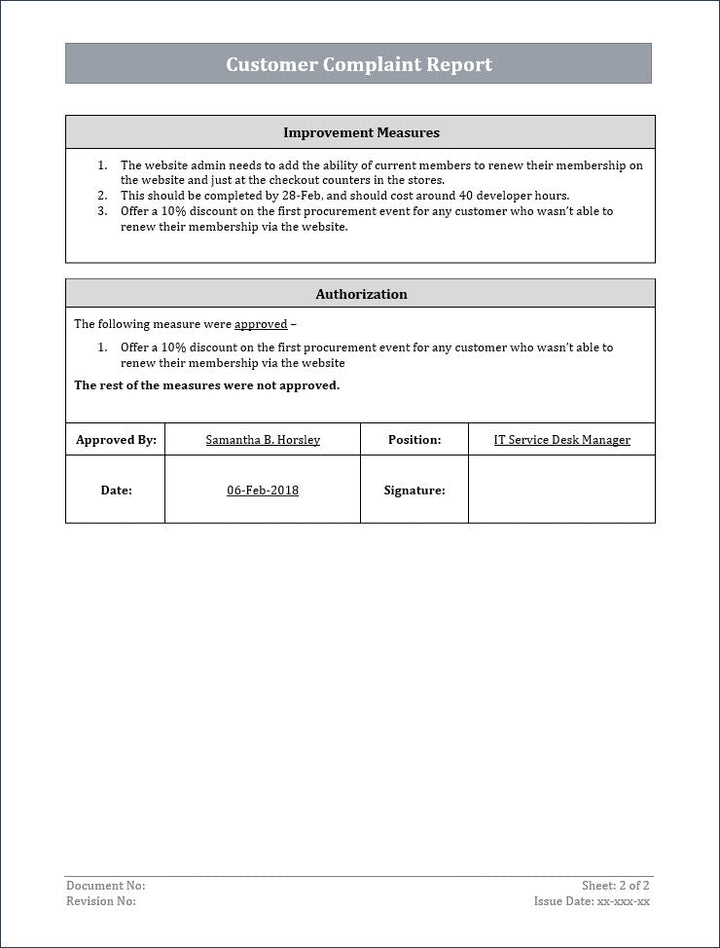 customer complaint report, ITSM customer complaint report